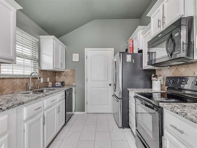 kitchen featuring a sink, marble finish floor, black appliances, and white cabinetry