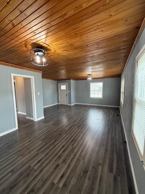 unfurnished living room featuring wooden ceiling, baseboards, and dark wood-style flooring