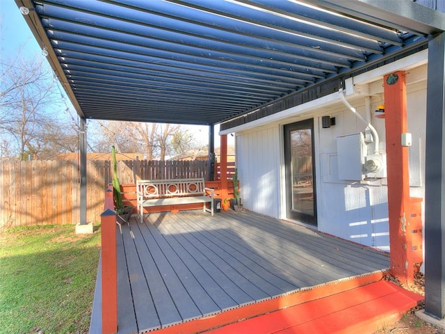 wooden terrace featuring fence