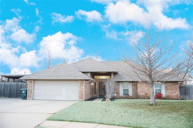 ranch-style house featuring brick siding, driveway, a front lawn, and fence