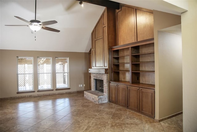 unfurnished living room with baseboards, high vaulted ceiling, a brick fireplace, and a ceiling fan
