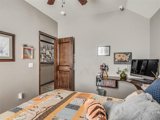 bedroom featuring ceiling fan and vaulted ceiling