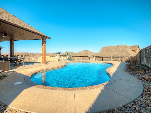 view of pool with a patio, a fenced backyard, and a fenced in pool