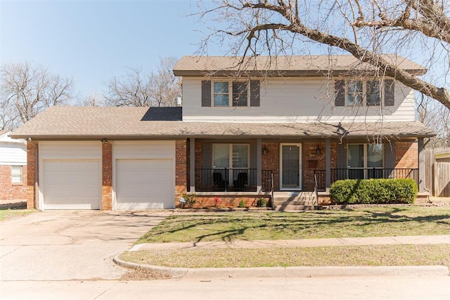 traditional home featuring a porch, an attached garage, brick siding, and concrete driveway