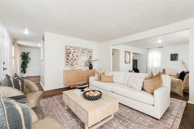 living room with a textured ceiling and wood finished floors