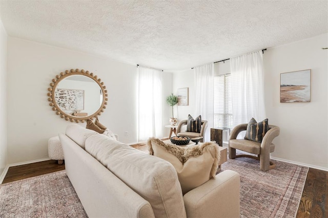 living area featuring wood finished floors, baseboards, and a textured ceiling