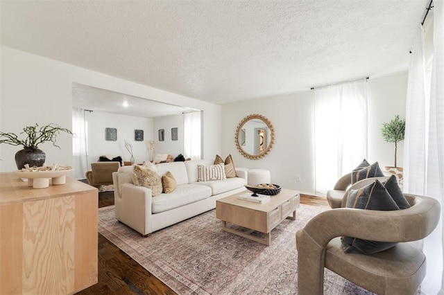 living area featuring a textured ceiling and wood finished floors