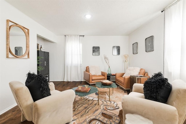 living area with baseboards, a textured ceiling, and wood finished floors