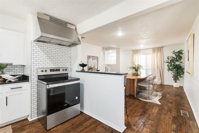 kitchen featuring visible vents, stainless steel range with electric stovetop, dark countertops, dark wood finished floors, and wall chimney exhaust hood