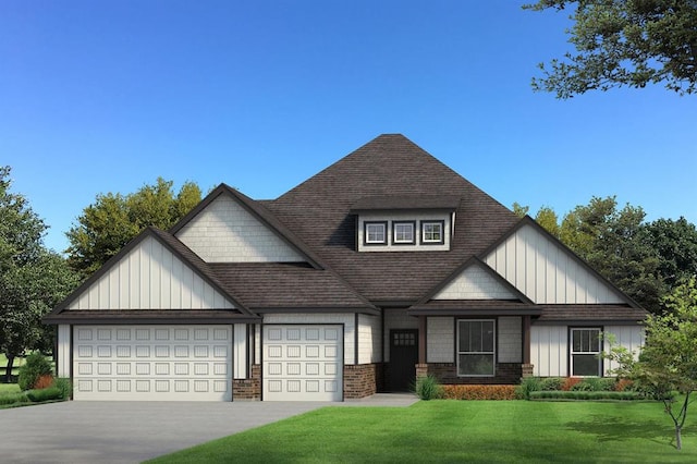 view of front of property featuring roof with shingles, board and batten siding, concrete driveway, a front yard, and a garage