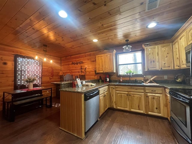 kitchen with a sink, stainless steel appliances, dark wood-type flooring, and a peninsula