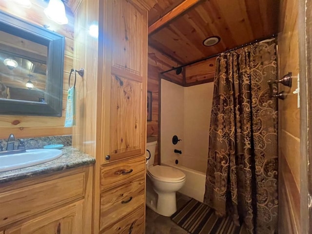 bathroom with shower / bath combo with shower curtain, toilet, wood ceiling, and vanity