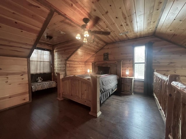 unfurnished bedroom featuring wood walls, wood ceiling, and dark wood-type flooring