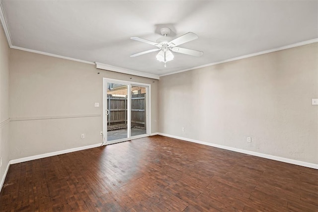 unfurnished room with ornamental molding, wood finished floors, baseboards, and ceiling fan