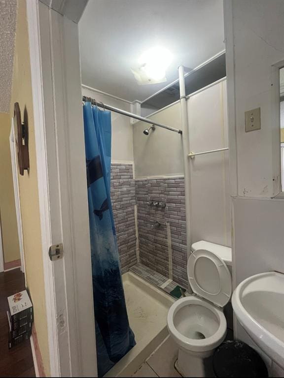 bathroom featuring toilet, a stall shower, and a sink