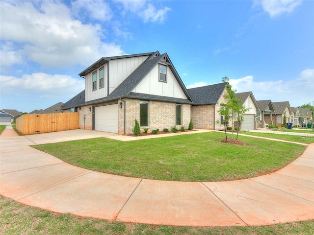 view of front of house with fence, brick siding, concrete driveway, a garage, and board and batten siding