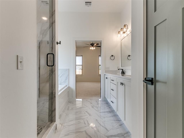 bathroom with vanity, a ceiling fan, visible vents, a marble finish shower, and marble finish floor