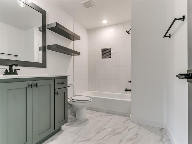 full bathroom with visible vents, baseboards, toilet, and marble finish floor