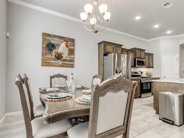 dining area featuring visible vents, crown molding, baseboards, recessed lighting, and an inviting chandelier