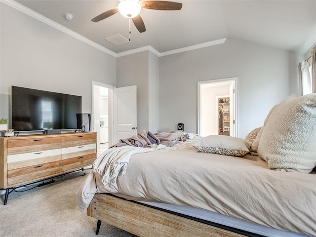 bedroom featuring carpet flooring, ceiling fan, lofted ceiling, and ornamental molding