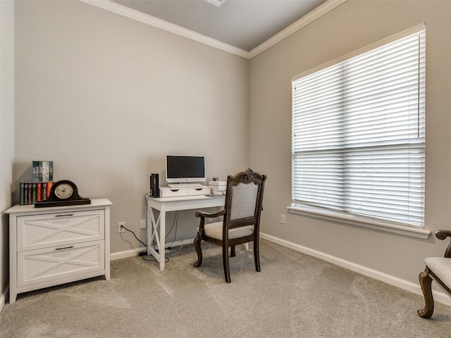 office space with a wealth of natural light, light carpet, and crown molding