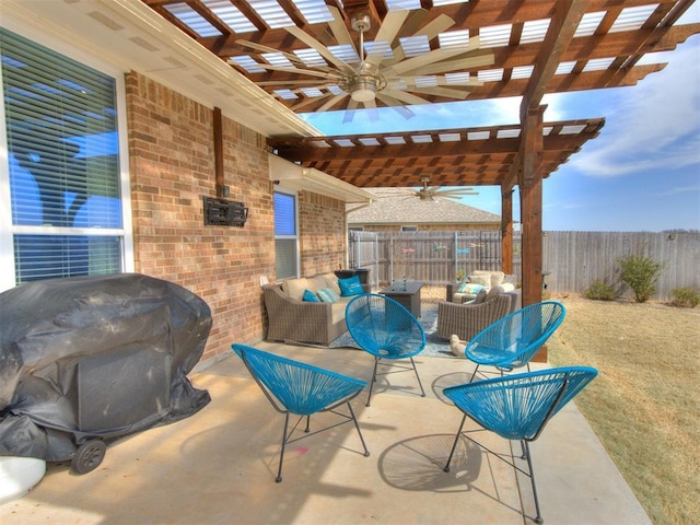 view of patio with fence, an outdoor hangout area, a grill, a pergola, and a ceiling fan