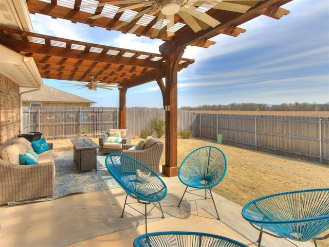 view of patio / terrace with an outdoor hangout area, a fenced backyard, a ceiling fan, and a pergola