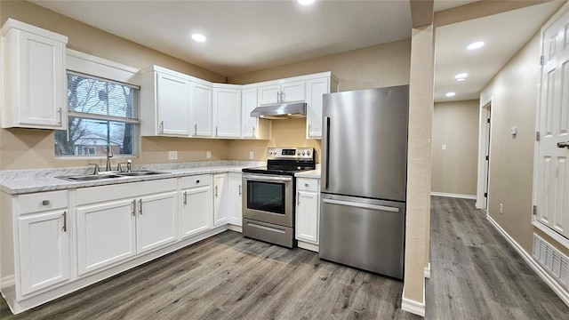 kitchen featuring under cabinet range hood, a sink, wood finished floors, stainless steel appliances, and light countertops