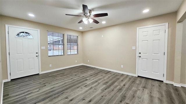 entrance foyer featuring recessed lighting, baseboards, a ceiling fan, and wood finished floors