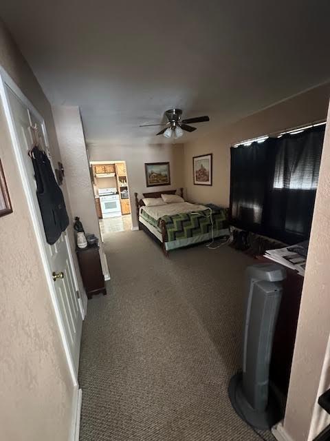 carpeted bedroom featuring ceiling fan