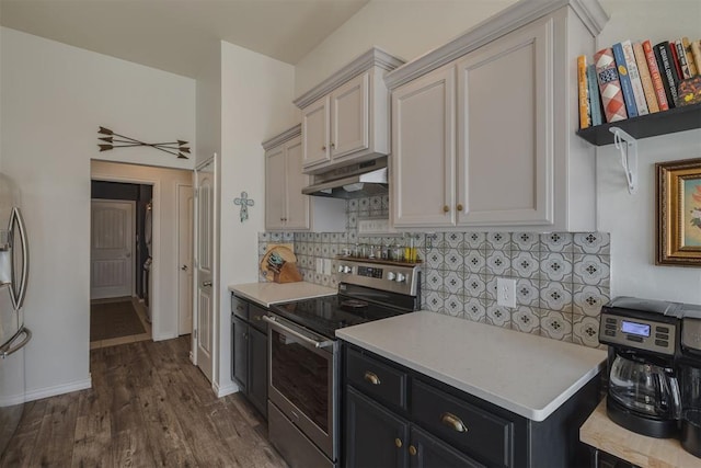 kitchen featuring backsplash, under cabinet range hood, dark wood finished floors, light countertops, and appliances with stainless steel finishes