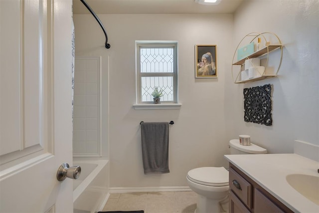 bathroom with vanity, baseboards, shower / bath combination with curtain, tile patterned floors, and toilet