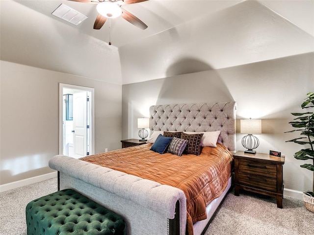 bedroom with visible vents, light colored carpet, a ceiling fan, and baseboards