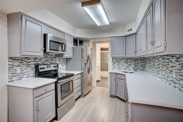 kitchen with visible vents, gray cabinetry, light wood-type flooring, stainless steel appliances, and a sink