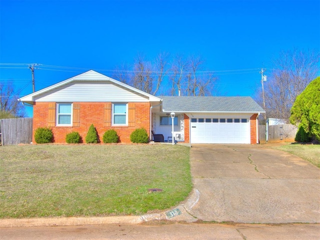 ranch-style house featuring brick siding, fence, a front yard, a garage, and driveway