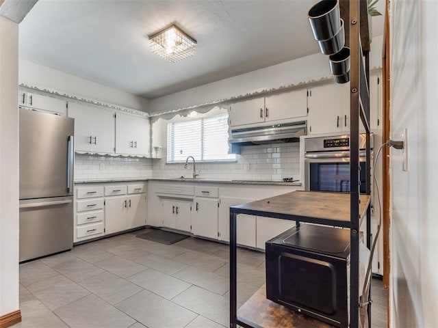 kitchen with a sink, tasteful backsplash, under cabinet range hood, and stainless steel appliances