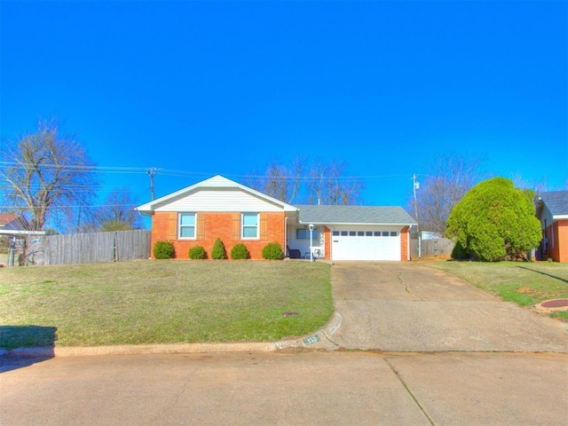 single story home with an attached garage, driveway, a front lawn, and fence