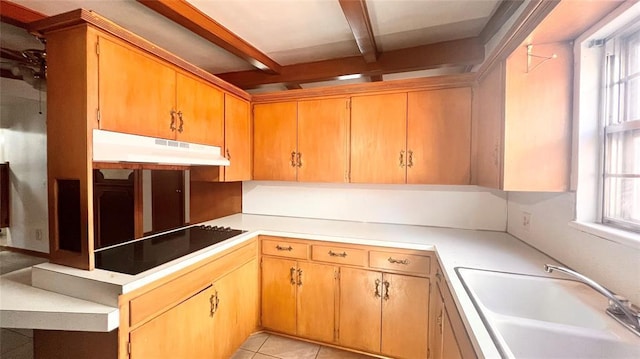 3731 Newport St, Oklahoma City, OK 73112 - kitchen featuring light tile patterned flooring, under cabinet range hood, a sink, and a healthy amount of sunlight