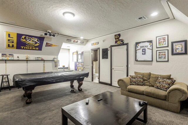 2241 W Mickey Dr, Mustang, OK 73064 - playroom with light colored carpet, billiards, a textured ceiling, and visible vents