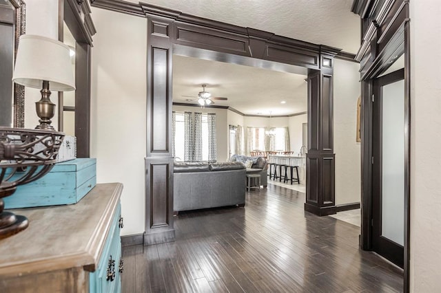 2241 W Mickey Dr, Mustang, OK 73064 - hall featuring dark wood finished floors, baseboards, and ornamental molding