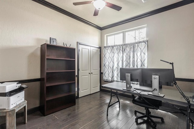 2241 W Mickey Dr, Mustang, OK 73064 - home office featuring a ceiling fan, ornamental molding, and dark wood-type flooring