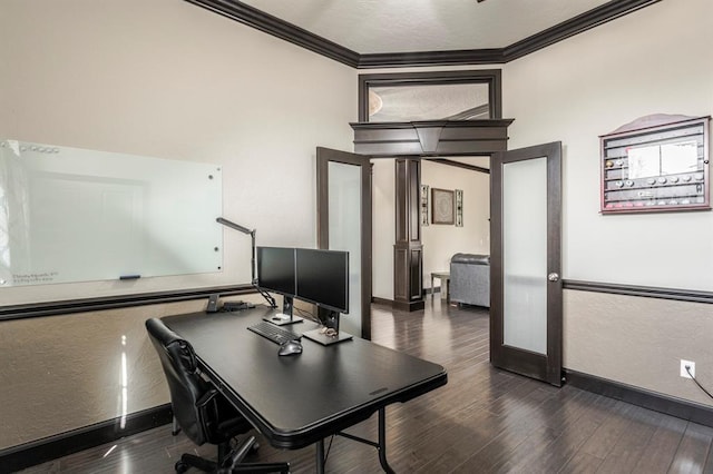 2241 W Mickey Dr, Mustang, OK 73064 - office featuring baseboards, ornamental molding, and wood finished floors
