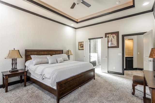 2241 W Mickey Dr, Mustang, OK 73064 - bedroom featuring recessed lighting, a raised ceiling, light carpet, crown molding, and baseboards