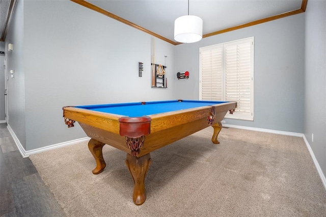 rec room featuring crown molding, carpet flooring, billiards, and baseboards