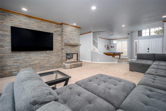 living room with recessed lighting, carpet flooring, pool table, crown molding, and baseboards