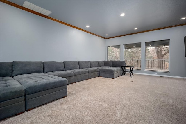 living area featuring recessed lighting, baseboards, carpet, and crown molding