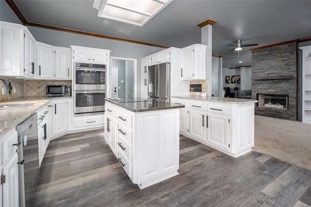 kitchen with appliances with stainless steel finishes, a fireplace, ceiling fan, and a sink