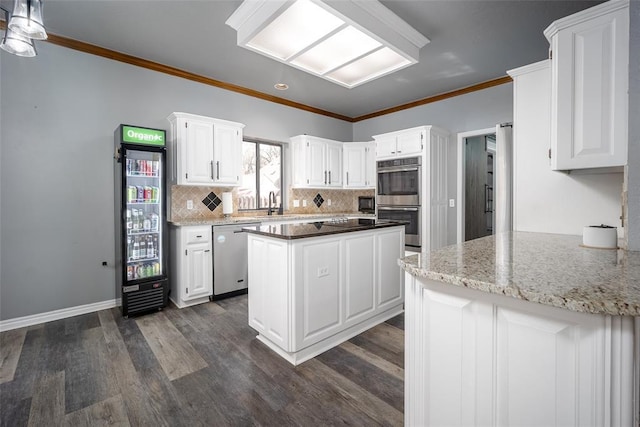 kitchen with dark wood-style floors, beverage cooler, stainless steel appliances, white cabinetry, and crown molding