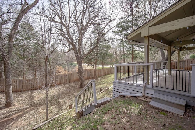 view of yard with a deck and a fenced backyard