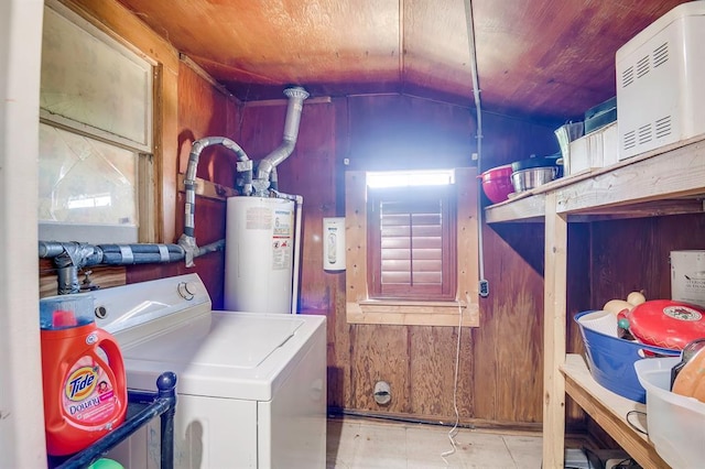 501 SE 15th St, Oklahoma City, OK 73129 - washroom featuring wood walls, laundry area, gas water heater, wood ceiling, and washer / clothes dryer